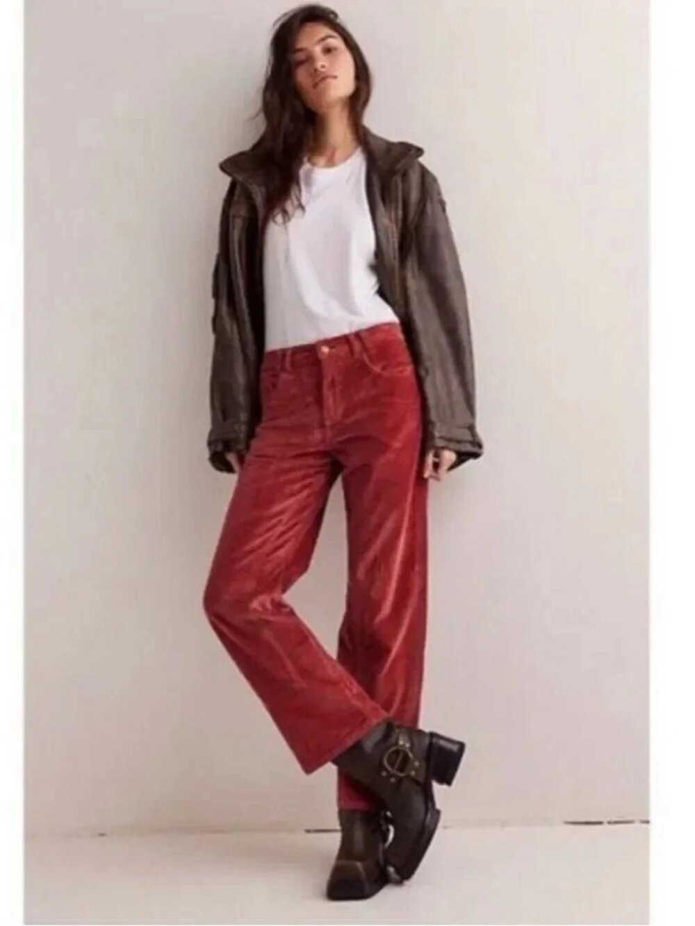 NWT We the Free People Corduroy Pants 24 Risk Taker High Rise Straight Rust Red